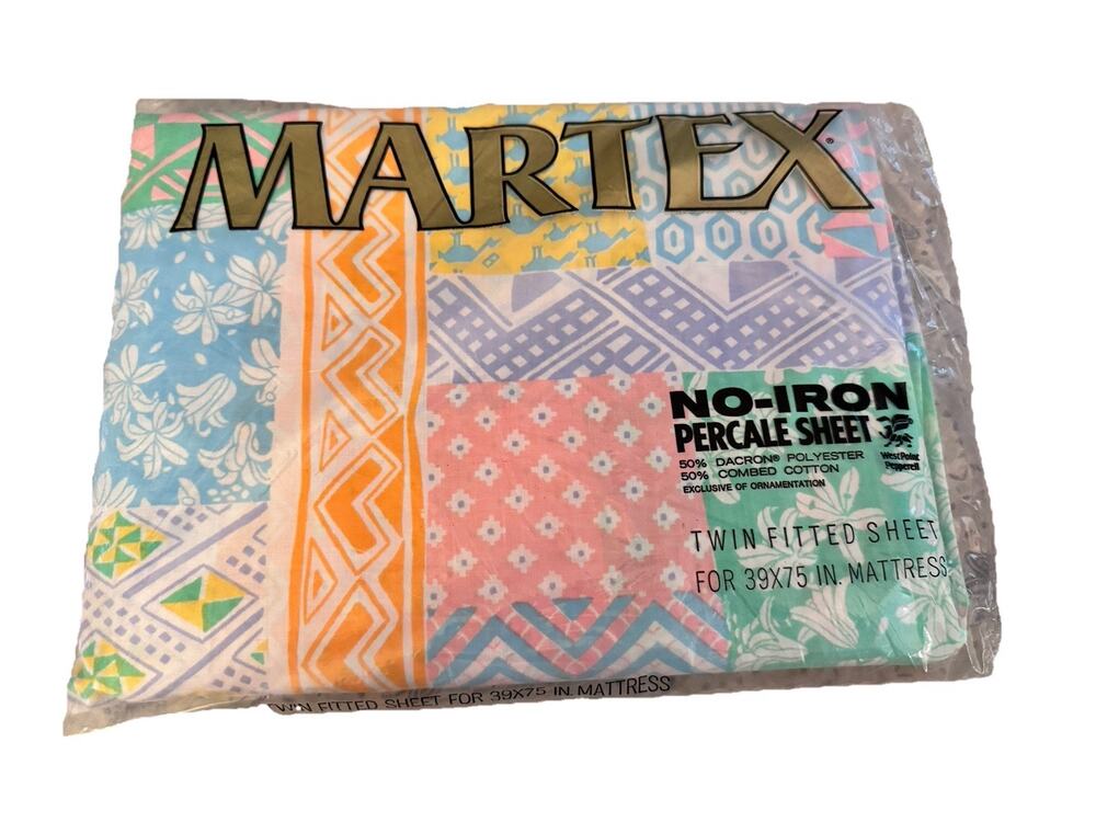 Vintage Martex Colorful Patchwork Twin Fitted Sheet No Iron Percale 39x75